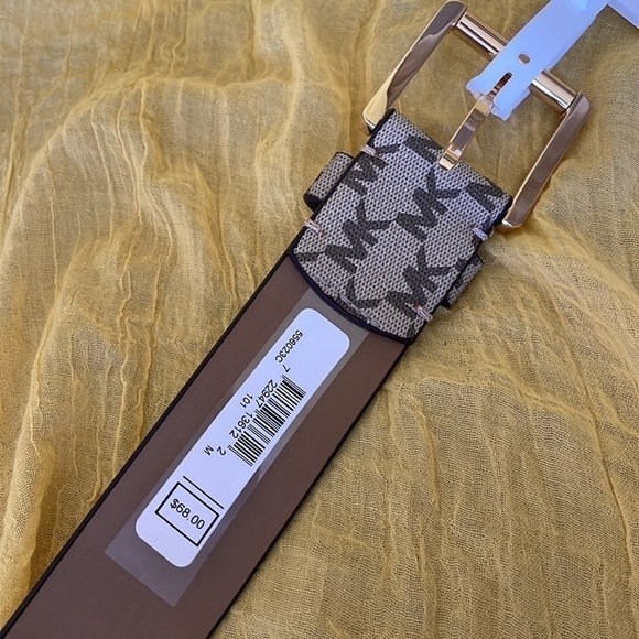 Brand New Michael Kors Tan & Brown Logo Belt w/ Gold Tone Buckle, Accent & Holes main image 9